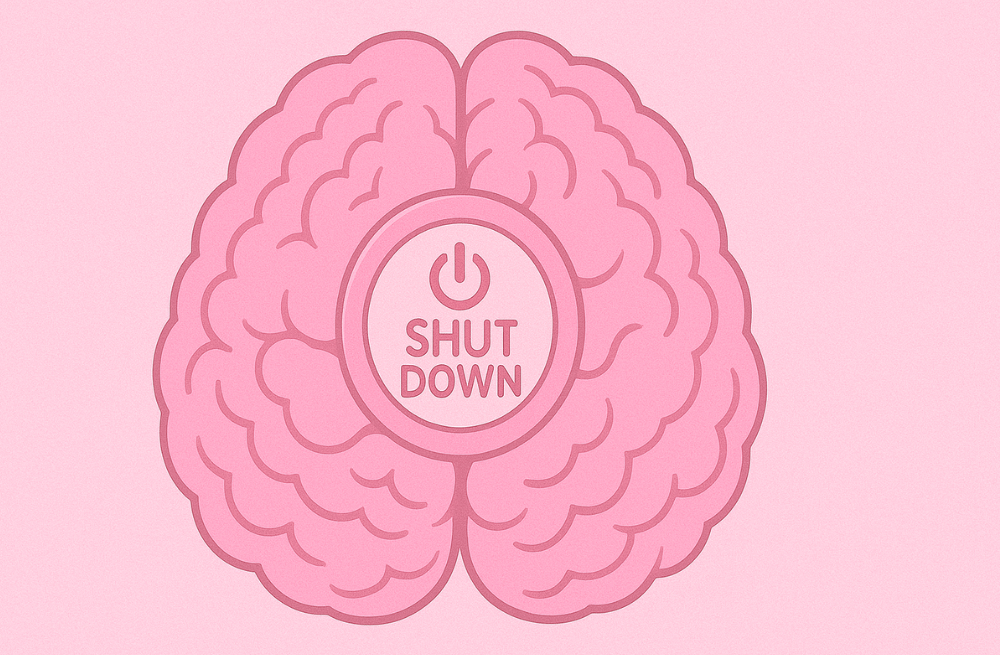 Pink brain with a shut off button symbolizing mental health boundaries while working from home