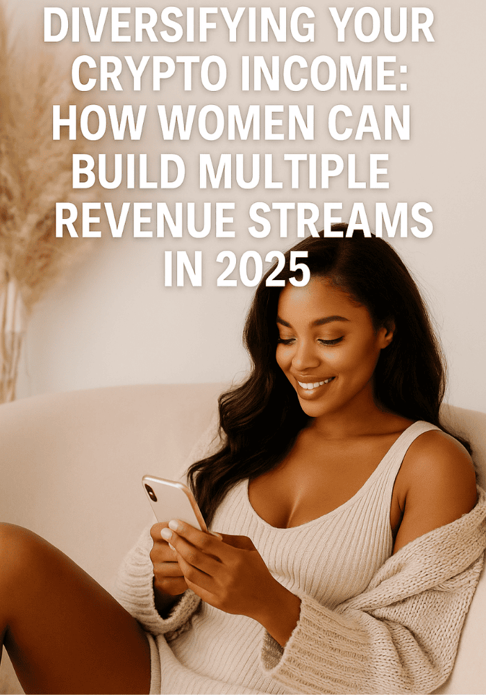 “Illustration of diverse women exploring multiple crypto income streams in 2025 including investing, staking, and running businesses paid in cryptocurrency.